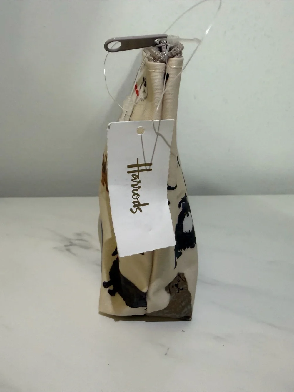 Harrods Beige Dog Print Cosmetic Pouch with Multicolor Dogs